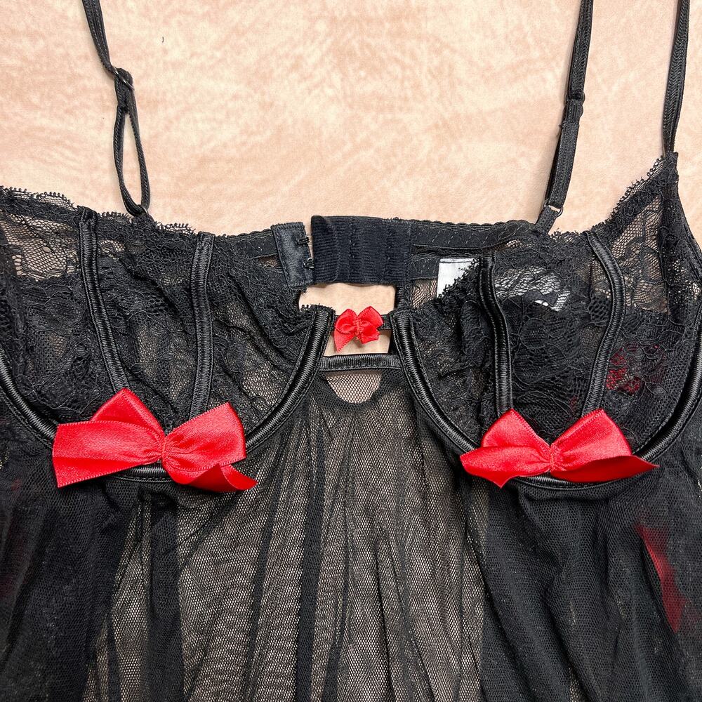 Vintage Y2k Escante Collection Sheer Mesh Floral Lace Babydoll Lingerie Top Bows View 3